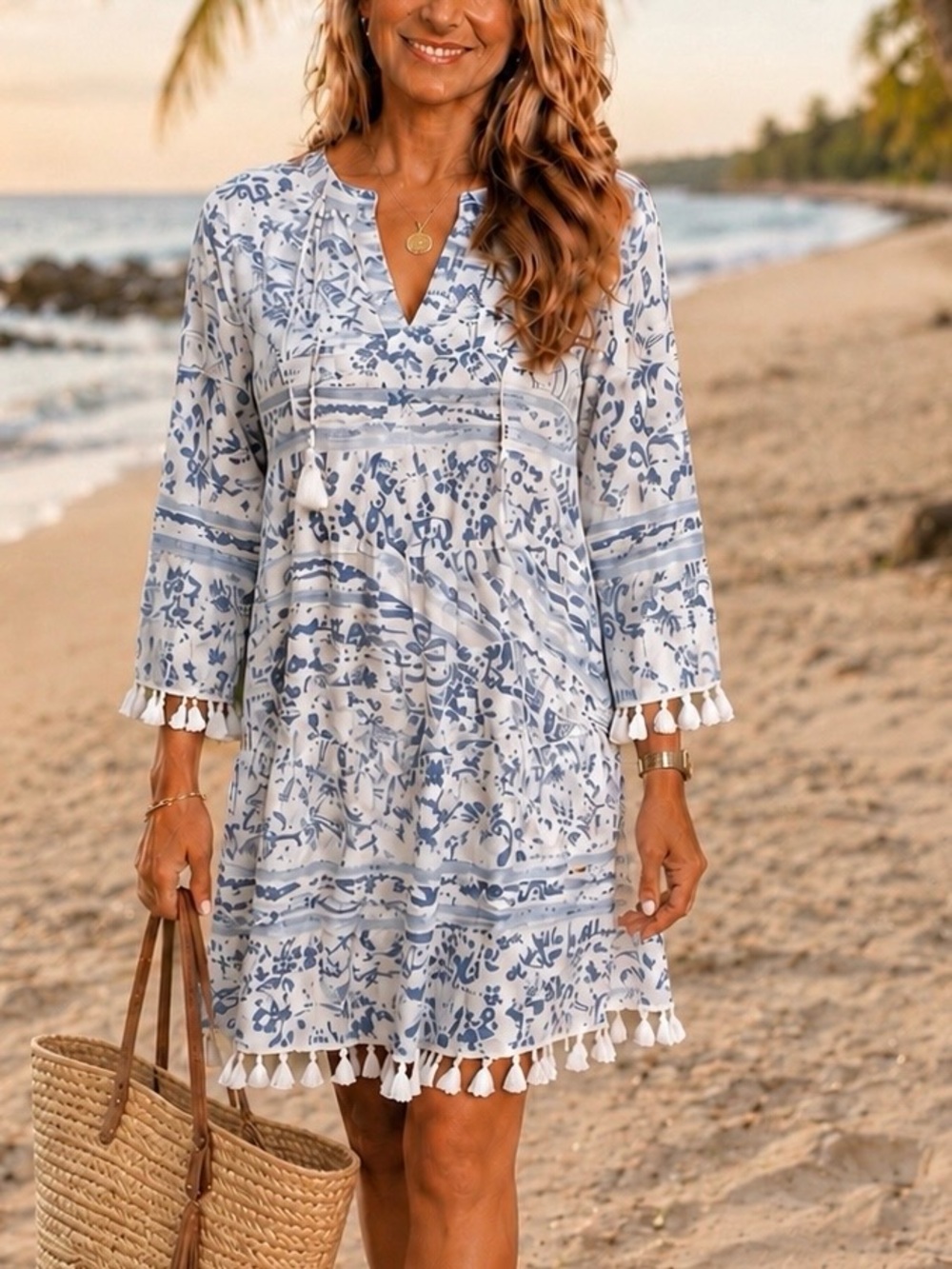 Coco + Carmen Blue Floral Stripe Tassel Tunic Dress S/M Boho Beachy Coastal